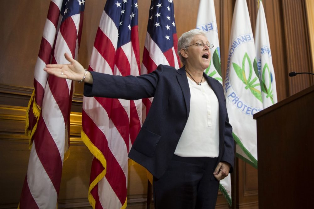 EPA Administrator Gina McCarthy gestures after signing new emission guidelines during an announcement of a plan to cut carbon dioxide emissions. (Evan Vucci/AP)