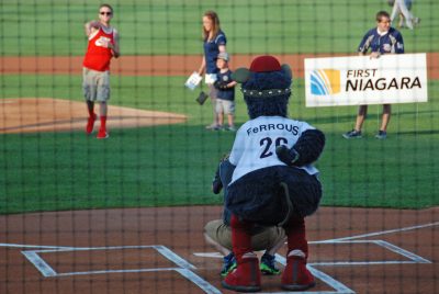 FeRROUS, a truly ugly bipedal pig, and his female counterpart FeFe preside over the pre-game celebrations. (Karen Given/Only A Game)