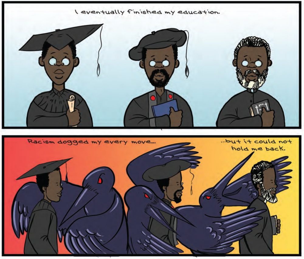One of the stories in <em>Strange Fruit</em> is of Noyes Academy, an integrated school in Canaan, N.H., that was destroyed in 1835. Here, the comic panels depict one of the school's former students getting an education despite racism surrounding him at the time. (Courtesy of Joel Christian Gill, author and illustrator of <em>Strange Fruit: Uncelebrated Narratives from Black History</em>)