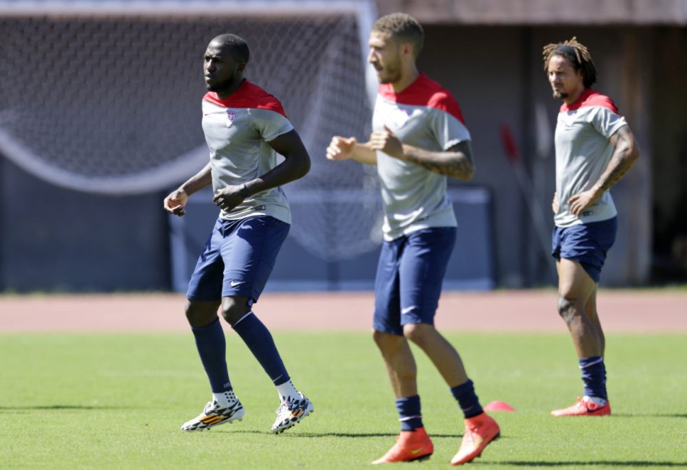 United States' Jozy Altidore, Fabian Johnson and Jermaine Jones work out during a training session Monday, June 30. (Julio Cortez/AP)