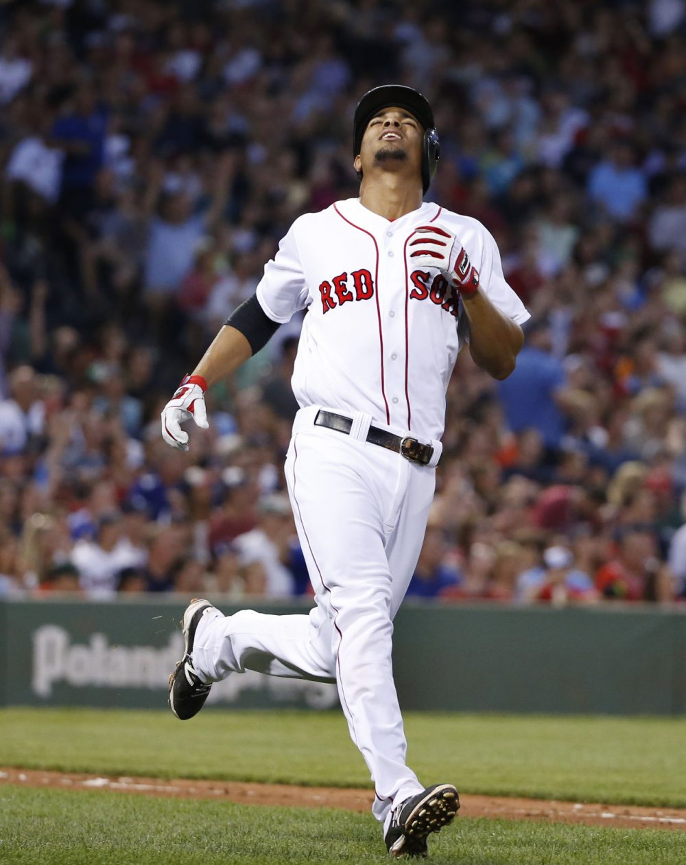 Boston Red Sox's Xander Bogaerts reacts after his deep fly was caught in the fourth inning of a baseball game against the Chicago Cubs at Fenway Park in Boston on Tuesday. (Elise Amendola/AP)