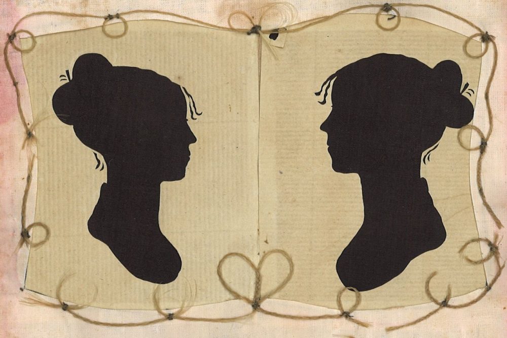 Silhouettes of Sylvia Drake and Charity Bryant framed in their braided hair. (Courtesy Henry Sheldon Museum of Vermont History)