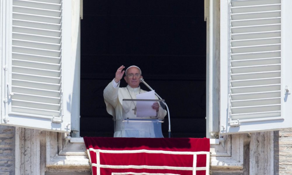 Pope Francis celebrates the Angelus noon prayer from his studio window overlooking St. Peter's square, at the Vatican on Sunday. (Alessandra Tarantino/AP)