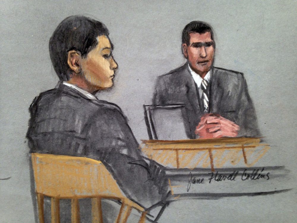 In this courtroom sketch, defendant Azamat Tazhayakov, left, a college friend of Boston Marathon bombing suspect Dzhokhar Tsarnaev, listens to testimony by FBI Special Agent Phil Christiana, right. (Jane Flavell Collins/AP)