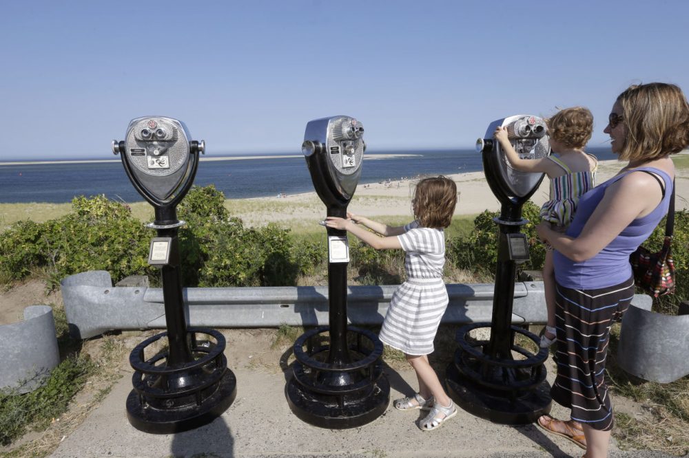 In this July 2, 2014 photo, Molly Saint-James, of Baltimore, right, helps her daughters Ellie McDonald, left, 6, and Poppy McDonald, 3, use telescopic viewers overlooking a beach while on vacation in Chatham, Mass. Growing sightings of great white sharks off Cape Cod are generating business for local entrepreneurs as residents and tourists seek get a glimpse of the offshore predators -- and purchase their shark-themed memorabilia. (Steven Senne/AP)