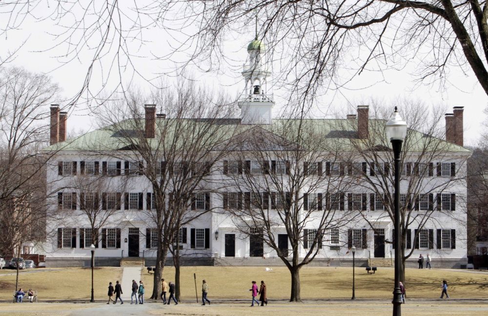 In this photo taken Monday, March 12, 2012, students walk across the Dartmouth College campus green in Hanover, N.H. (AP)