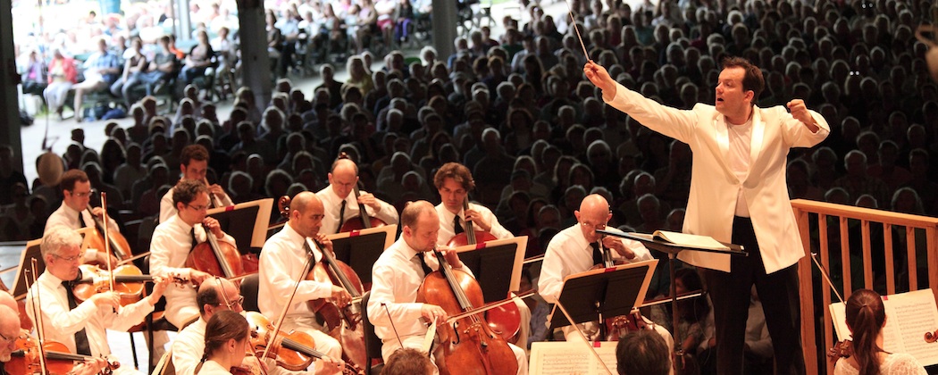 Andris Nelsons leading the Boston Symphony Orchestra at Tanglewood Sunday. (Hilary Scott)