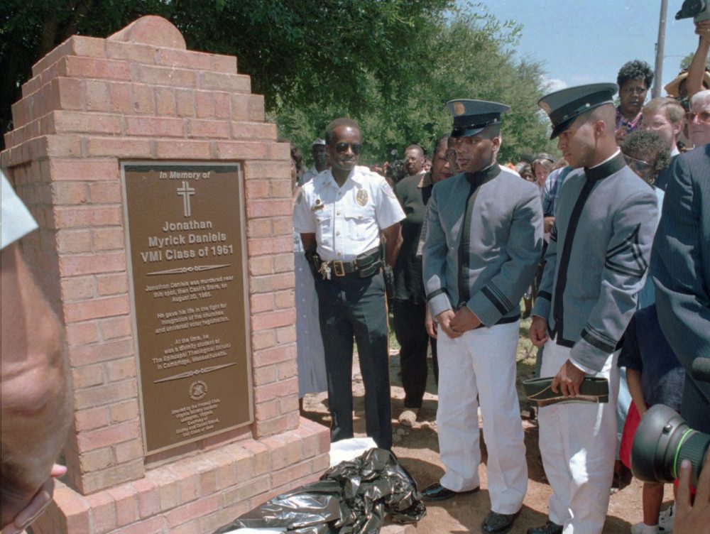 Virginia Military Institute cadets observe the 1997 unveiling of The Jonathan Daniels Memorial Marker in Hayneville, Alabama. (AP Photo/Andy Hails)