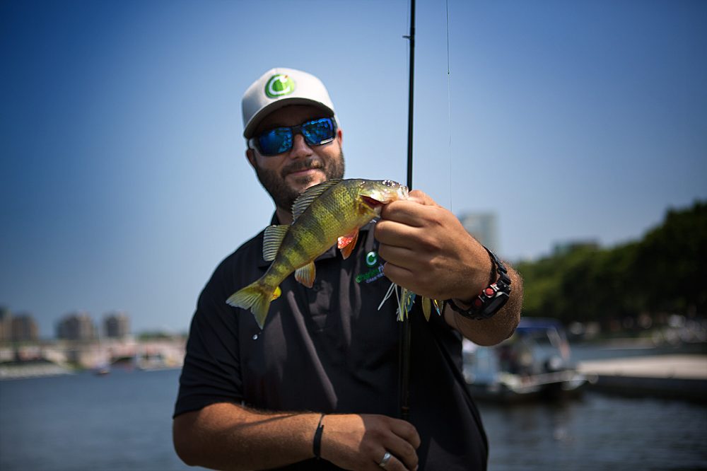 It was a slow day on the Charles River when we visited urban fisher Greg Miner. All we lured in was a yellow perch, but Miner says the river is home to large and smallmouth bass, calico bass, carp and more. (Jesse Costa/WBUR) 