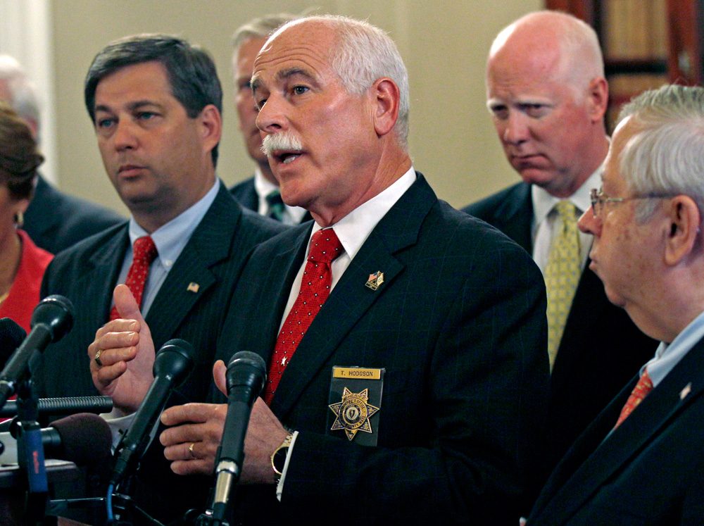 Bristol County Sheriff Thomas Hodgson gestures during a 2011 news conference. (Charles Krupa/AP)