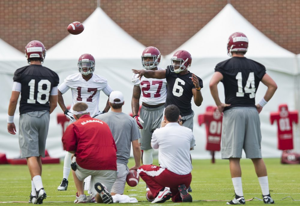 Cooper Bateman (18), Blake Sims (6) or Jake Coker (14) could all start at QB for the Crimson Tide. (Brynn Anderson/AP)