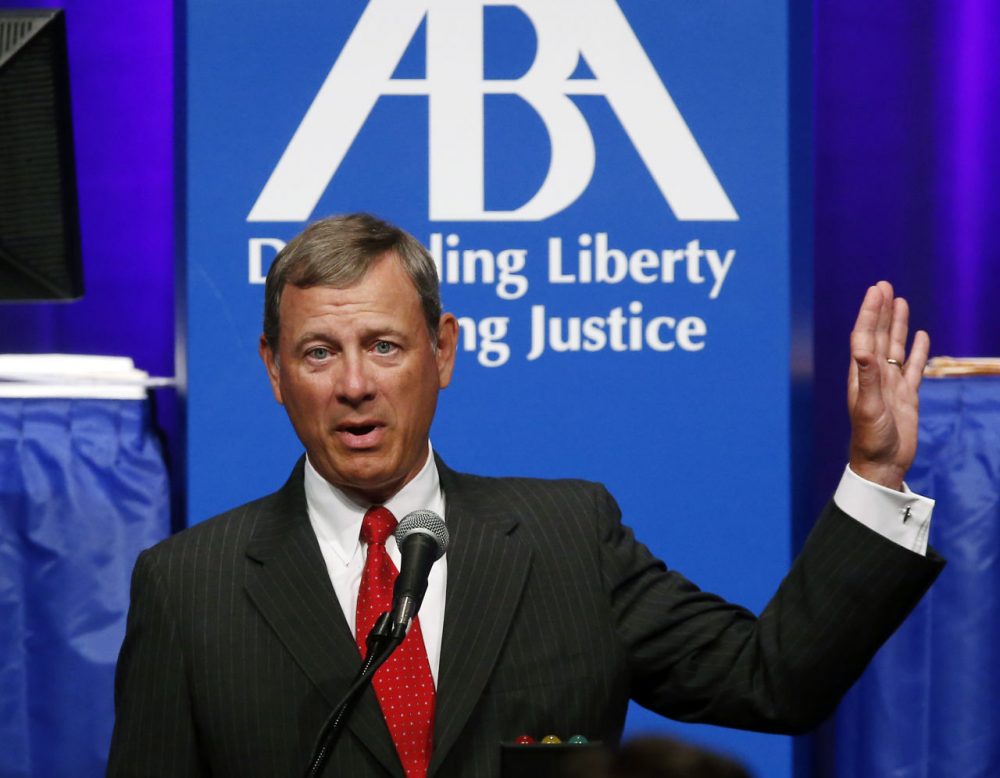 Supreme Court Chief Justice John Roberts speaks at the American Bar Association's annual meeting in Boston on Monday. (Elise Amendola/AP)