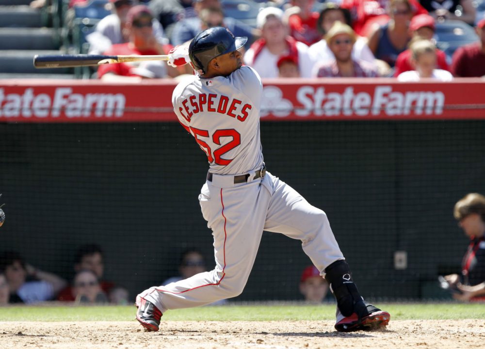 Yoenis Cespedes hits a three-run home run against the Los Angeles Angels. (Alex Gallardo/AP)