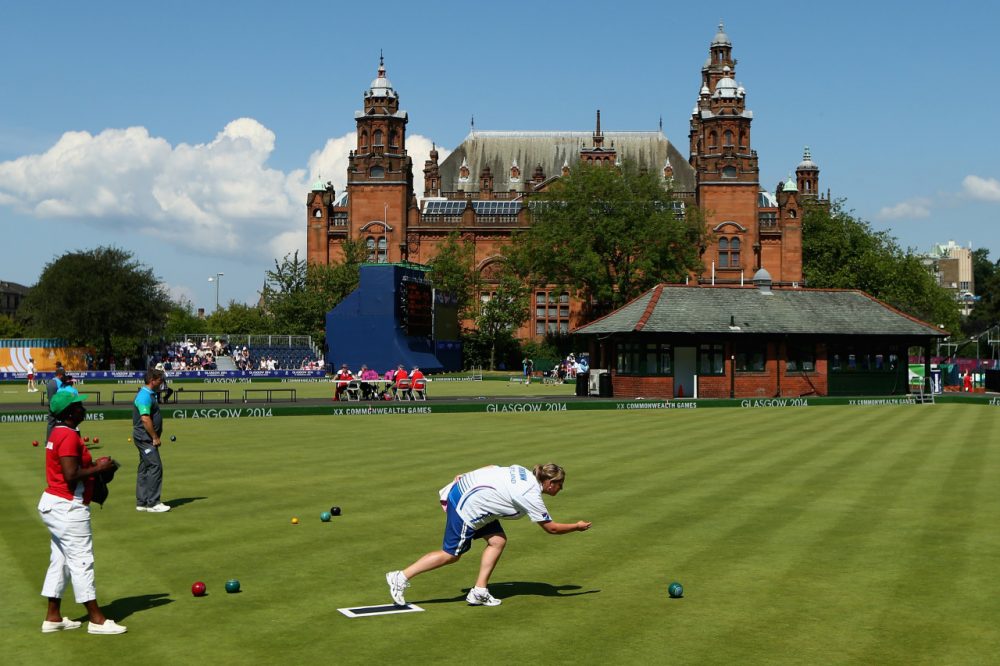 Kelvingrove Museum provided a unique backdrop for the lawn bowls greens at the Commonwealth Games  in Glasgow. (Cameron Spencer/Getty Images)
