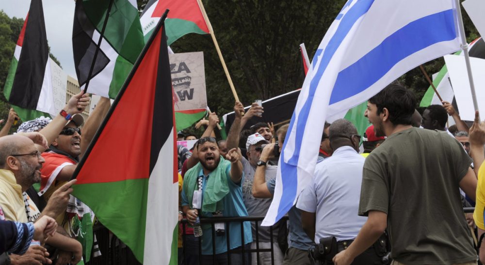 Noam Waksman: &quot;If Hani and I had grown up in Palestine and Israel respectively, the boundaries between us would have been numerous, institutional, and tangible.&quot; Pictured: An Israeli supporter shouts at right, as Palestinian supporters shout at, left, during a rally near the White House in Washington, Saturday, Aug. 2, 2014. (Susan Walsh/AP)