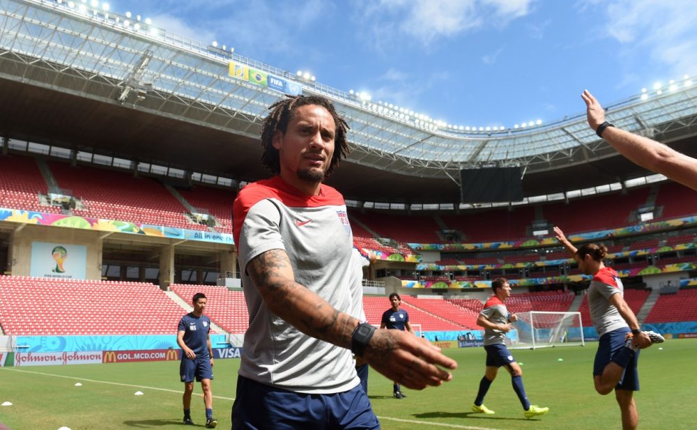 US midfielder Jermaine Jones warms up during a training session at the Pernambuco Arena in Recife on June 25, 2014 on the eve of the Group G football match between USA and Germany in the 2014 FIFA World Cup. (Patrik Stollarz/AFP/Getty Images)