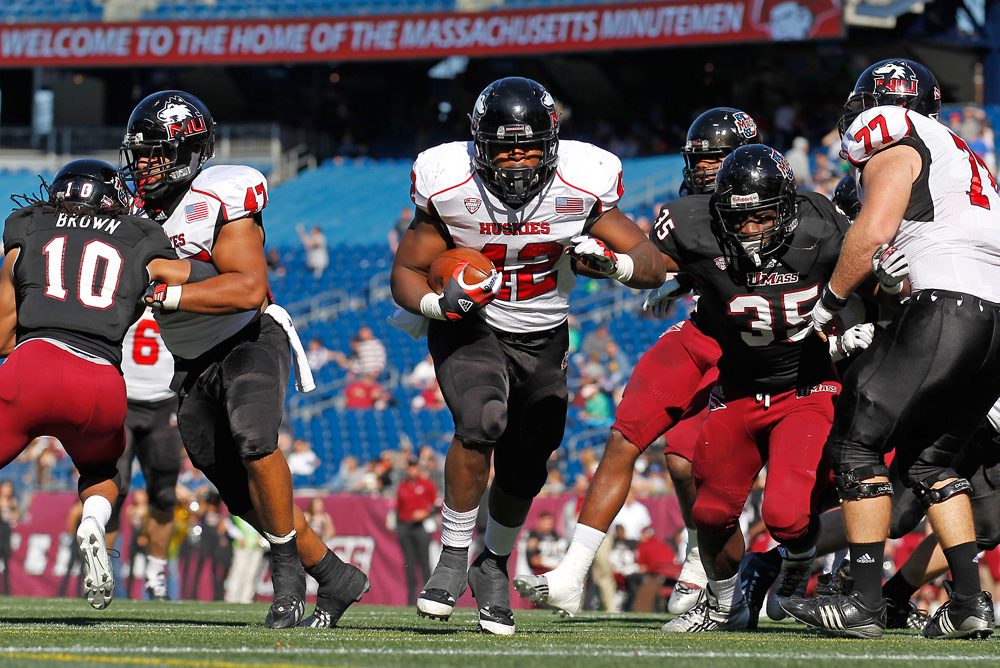 Northern Illinois running back Cameron Stingily scores a touchdown in the team's win over UMass in November of last year at Gillette Stadium in Foxborough. (Stew Milne/AP)