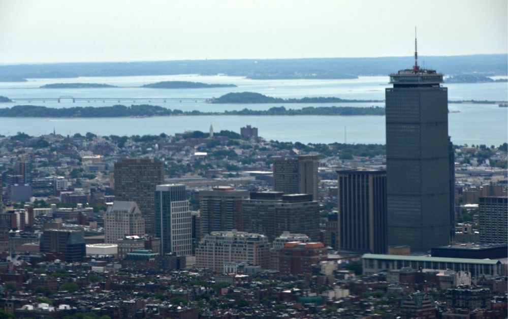 Boston skyline and harbor islands seen from the Hood blimp. (Alex Kingsbury/WBUR)