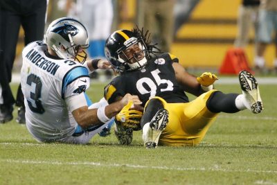 Pittsburgh Steelers outside linebacker Jarvis Jones (95) recovers a fumble by Carolina Panthers quarterback Derek Anderson (3) in the second quarter of the NFL preseason football game on Thursday, Aug. 28, 2014 in Pittsburgh. (AP)