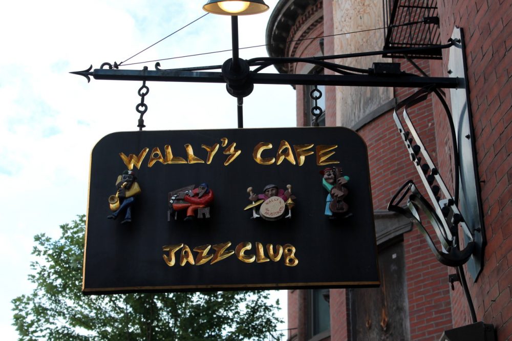 The sign outside of Wally's Cafe, discreetly curved into the shape of a saxophone (Amy Gorel/WBUR)