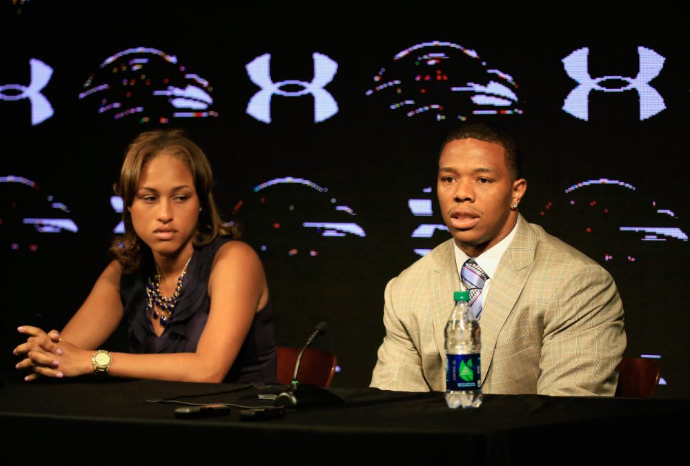 Running back Ray Rice of the Baltimore Ravens addresses a news conference with his wife Janay at the Ravens training center on May 23, 2014 in Owings Mills, Maryland. Rice spoke publicly for the first time since facing felony assault charges stemming from a February incident involving Janay at an Atlantic City casino.