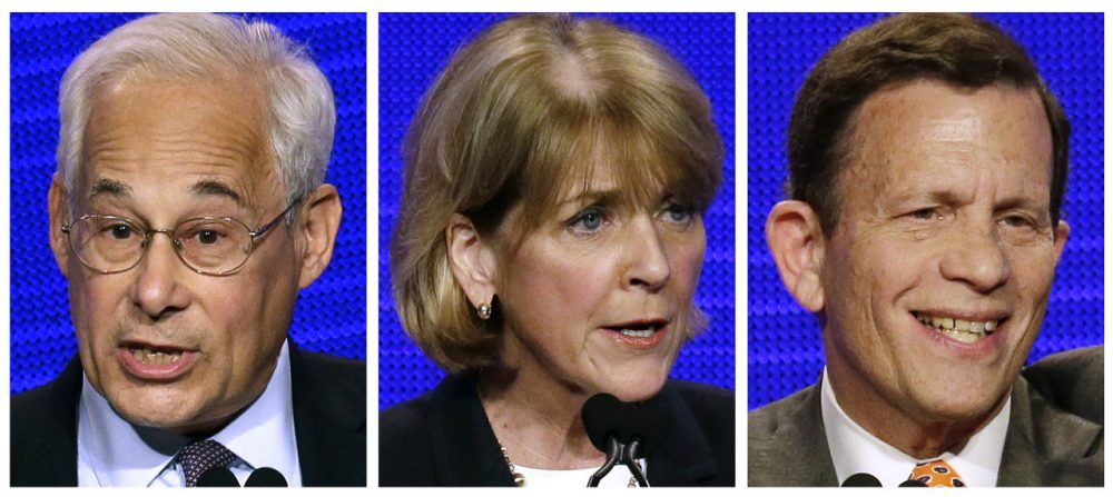 Massachusetts Democratic gubernatorial hopefuls, from left, Don Berwick, Martha Coakley and Steve Grossman at the state Democratic Convention in Worcester, Mass. in June. (Stephan Savoia/AP, file)