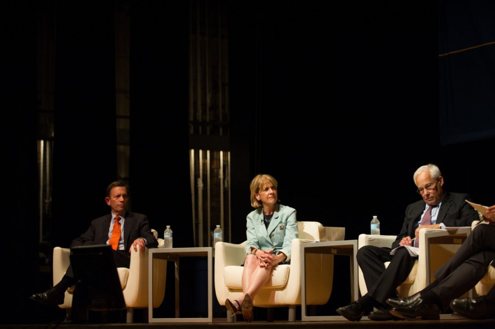Democrats Steve Grossman, Martha Coakley, and Donald Berwick participate in the 2014 Massachusetts Gubernatorial Forum on Mental Health in Boston. (AP)
