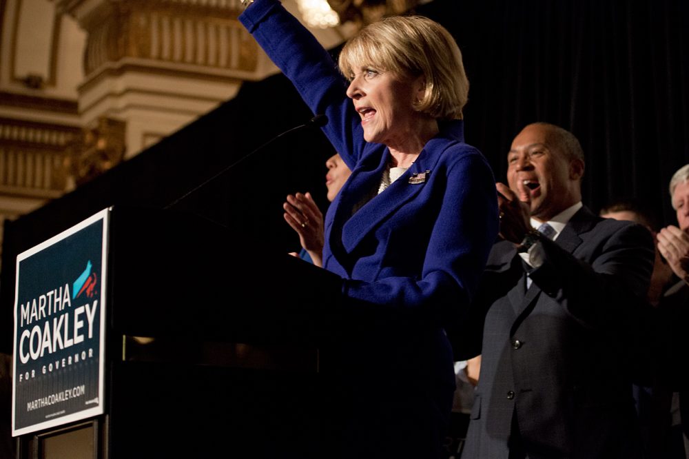Martha Coakley delivers her victory speech Tuesday night in Boston. (Jesse Costa/WBUR)