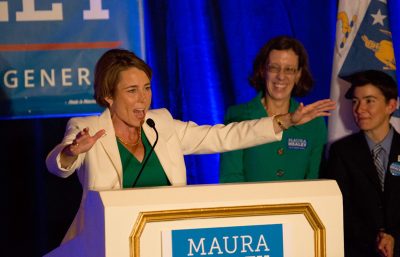 Maura Healey celebrates her win in the Democratic race for attorney general. (Jesse Costa/WBUR)