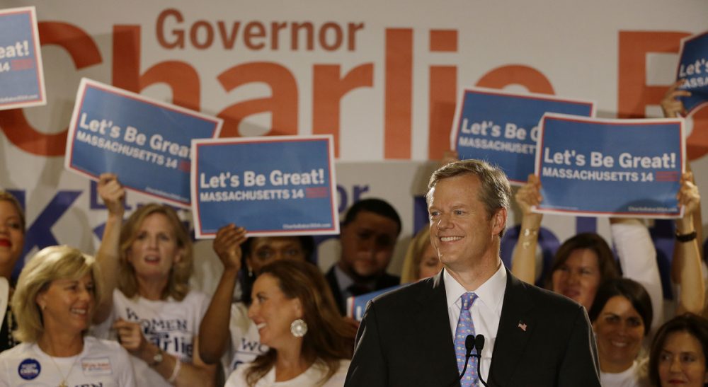Massachusetts Republican gubernatorial candidate Charlie Baker speaks to supporters during his primary election night victory rally. (Stephan Savoia/AP)