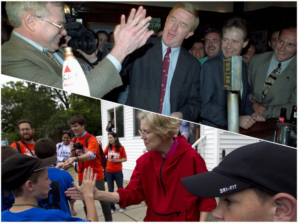 Top: In 1996, Gov. William Weld, center, slaps a high-five with a newspaper columnist as they split the bill to buy a round of drinks for the house at J.J. Foley's tavern. Bottom: U.S. Sen. Elizabeth Warren, pictured during her campaign in 2012, greets a group of children before marching in the Dorchester Day Parade.(AP)