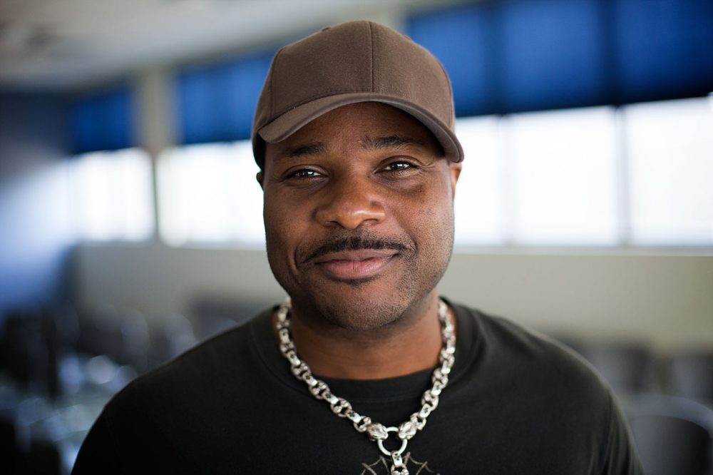 Malcolm-Jamal Warner, who's best known for his role as Theo Huxtable in &quot;The Cosby Show,&quot; in WBUR's studios. (Jesse Costa/WBUR)