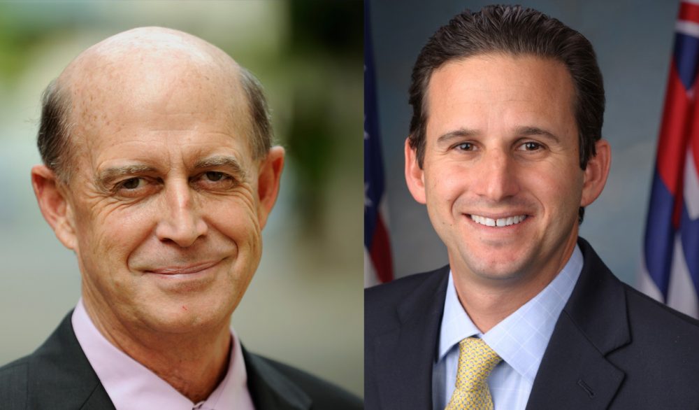 Republican candidate, Campbell Cavasso (L.) and Senator Brain Schatz of Hawaii (R.)