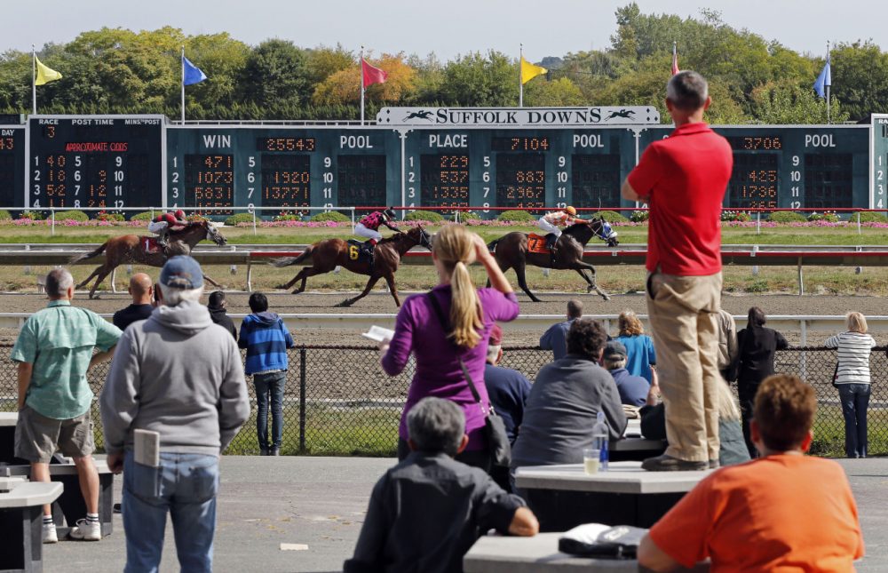 Spectators watch horses race at Suffolk Downs in Boston, Wednesday, Sept. 24, 2014. (Elise Amendola/AP)