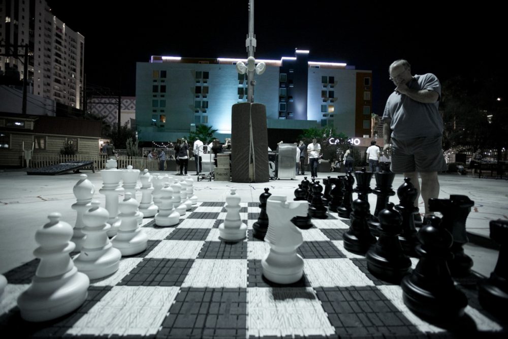 An outdoor chess board at the Golden Spike, a rehabilitated hotel in Tony Hsieh's innovation city in downtown Las Vegas. (Vjeran Pavic/Recode)