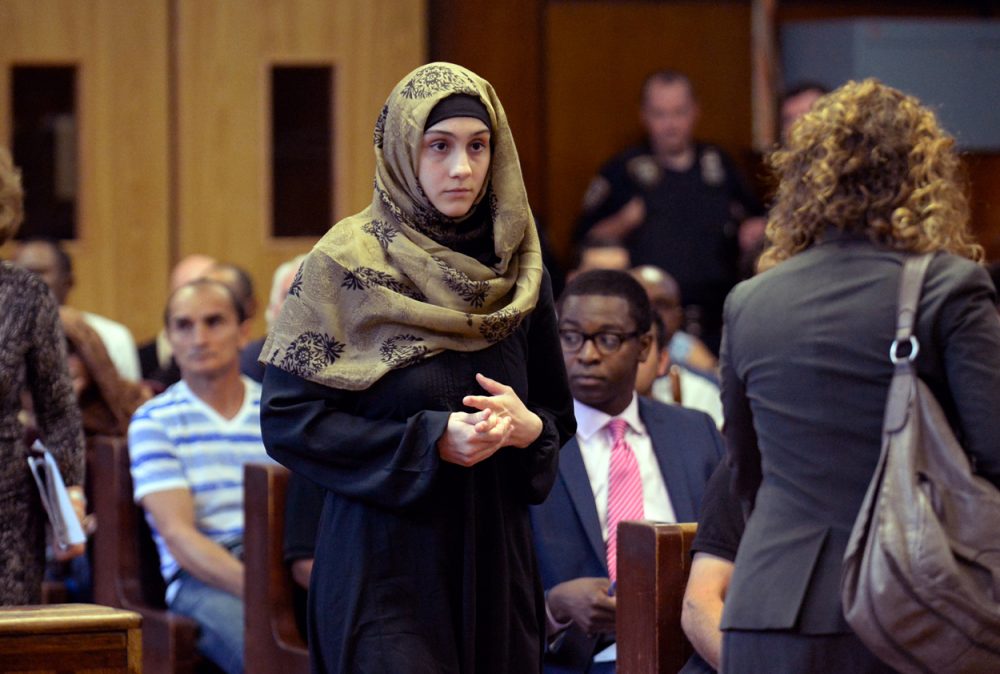 Ailina Tsarnaeva, sister of Boston Marathon bombing suspect Dzhokhar Tsarnaev, makes her appearance in Manhattan Criminal Court Tuesday.  (Steven Hirsch/New York Post/Pool via AP)