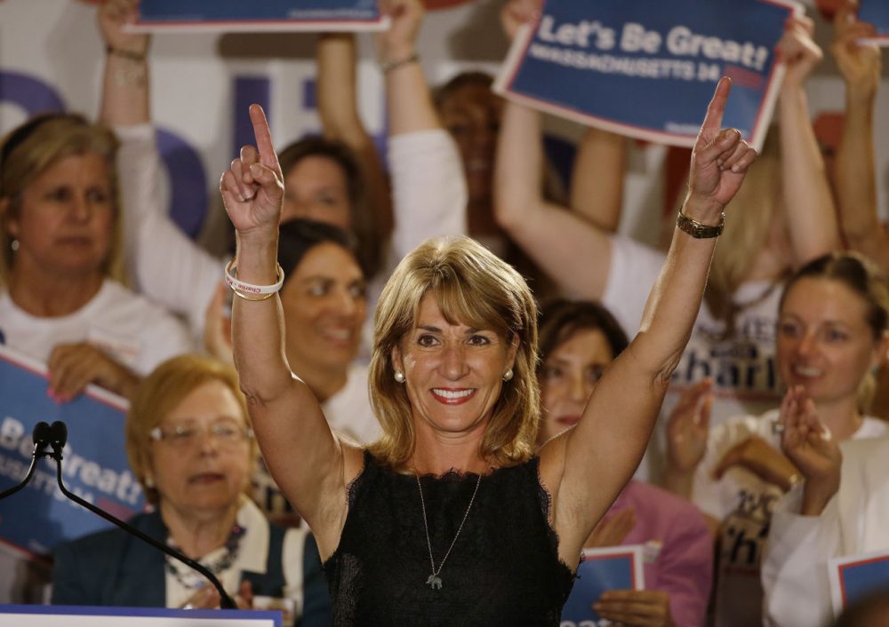 Karyn Polito, Republican candidate for lieutenant governor, speaks to supporters during her primary election night rally earlier this month. (Stephan Savoia/AP)