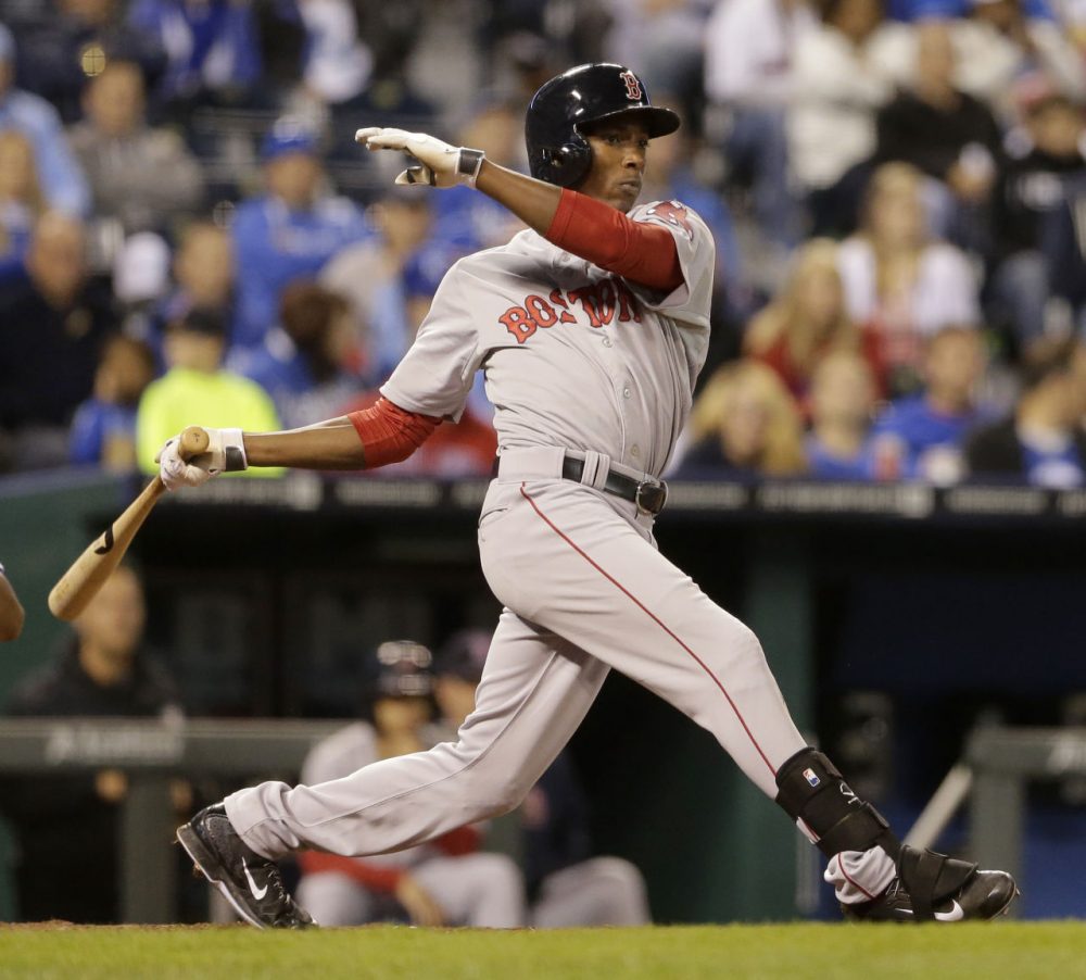 Boston Red Sox's Jemile Weeks follows through on a two-run double during the eighth inning against the Kansas City Royals on Thursday in Kansas City, Mo. The Red Sox won 6-3. (Charlie Riedel/AP)