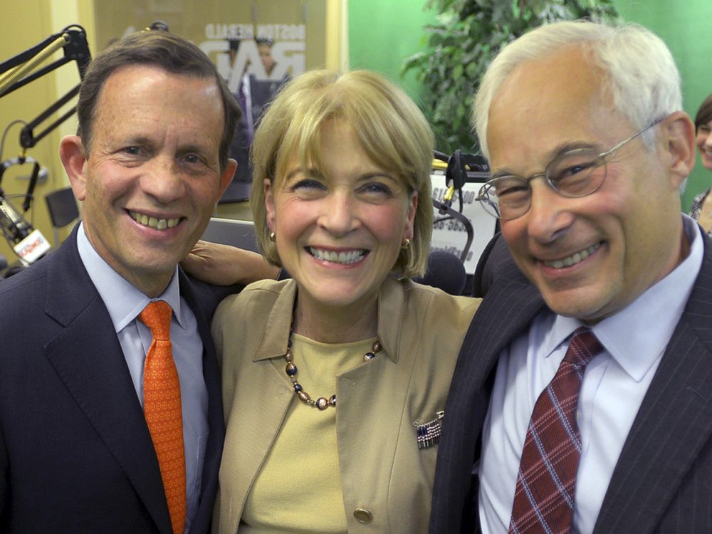 Democratic gubernatorial candidates Steven Grossman, left, Martha Coakley, center, and Donald Berwick pose for a photo after a debate at the Boston Herald Radio Studio, Monday, Aug. 25, 2014, in Boston. The three will face off for their party's nomination in the Sept. 9 primary. (AP)
