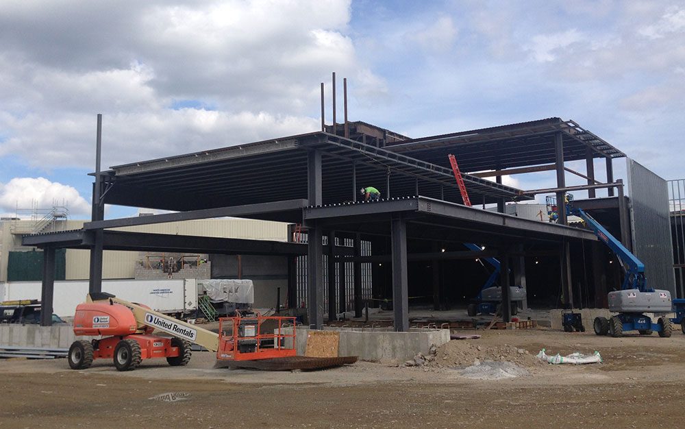Construction of the Plainridge Park Casino in Plainville (Bruce Gellerman/WBUR)