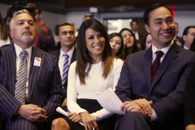 Actress Eva Longoria, center, Henry R. Munoz III, co-founder of the Latino Victory Project, left, and Rep. Joaquin Castro, D-Texas, are seated at an event launching The Latino Victory Project, a Latino political action committee, at the National Press Club in Washington, Monday, May 5, 2014. (AP)