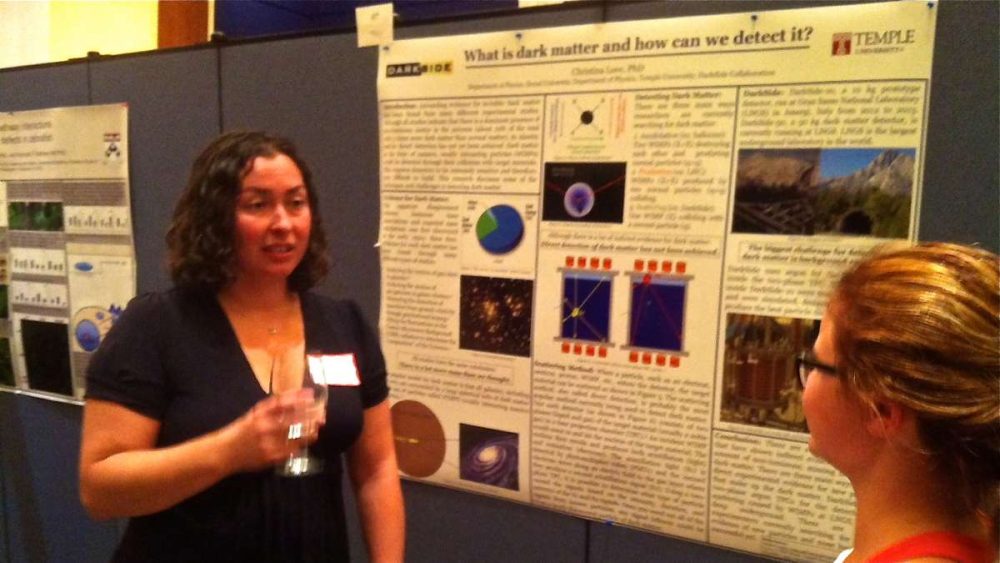 Physicist Christina Love talks about her PhD thesis on dark matter at the Chemical Heritage Foundation in Center City Philadelphia. She organized the event called &quot;Start Talking Science&quot;(Susan Philllips/WHYY)
