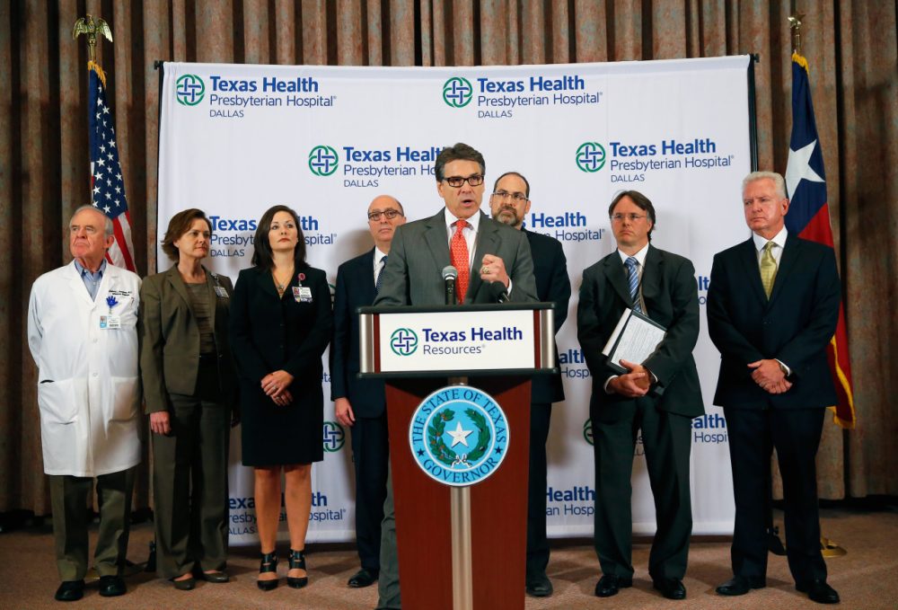 Texas Govenor Rick Perry answers questions related to the first confirmed case of the Ebola virus at Texas Health Presbyterian Hospital Dallas on October 1, 2014 in Dallas, Texas. Officials are monitoring about 80 people for Ebola. (Tom Pennington/Getty Images)