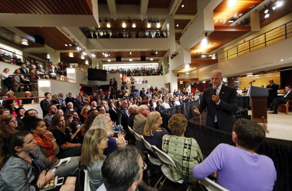 Vice President Joe Biden speaks to a packed room of students, faculty and staff at Harvard University's Kennedy School of Government in Cambridge, Mass. (Winslow Townson/AP)