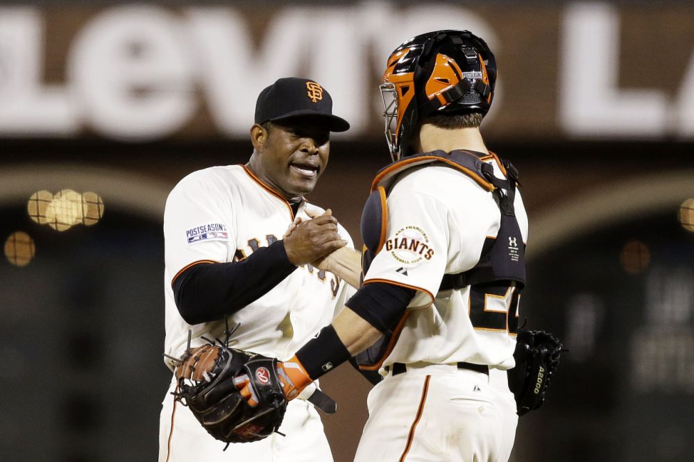 The San Francisco Giants will face the St. Louis Cardinals in the National League Championship series. Santiago Casilla #46 and Buster Posey #28 are pictured here celebrating the Giants' win against the Washington Nationals during National League Division Series at AT&amp;T Park on October 7, 2014 in San Francisco, California. (Ezra Shaw/Getty Images)