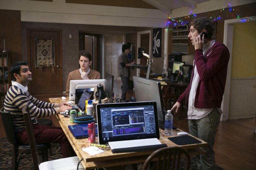 Kumail Nanjiani, Zach Woods and Thomas Middleditch in a scene from the television series, &quot;Silicon Valley,&quot; in which characters seek venture capital and try to launch a startup called Pied Piper. (HBO, Jaimie Trueblood/AP)
