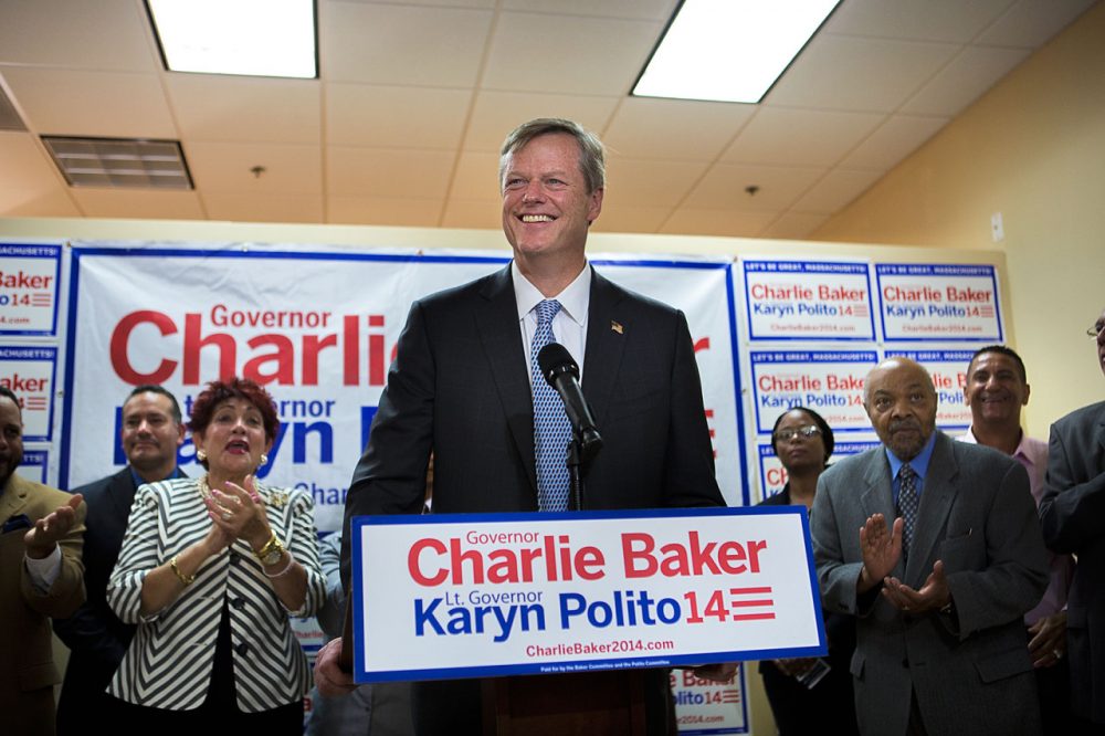 Republican gubernatorial candidate Charlie Baker, during a recent appearance at his campaign office in Roxbury (Jesse Costa/WBUR)