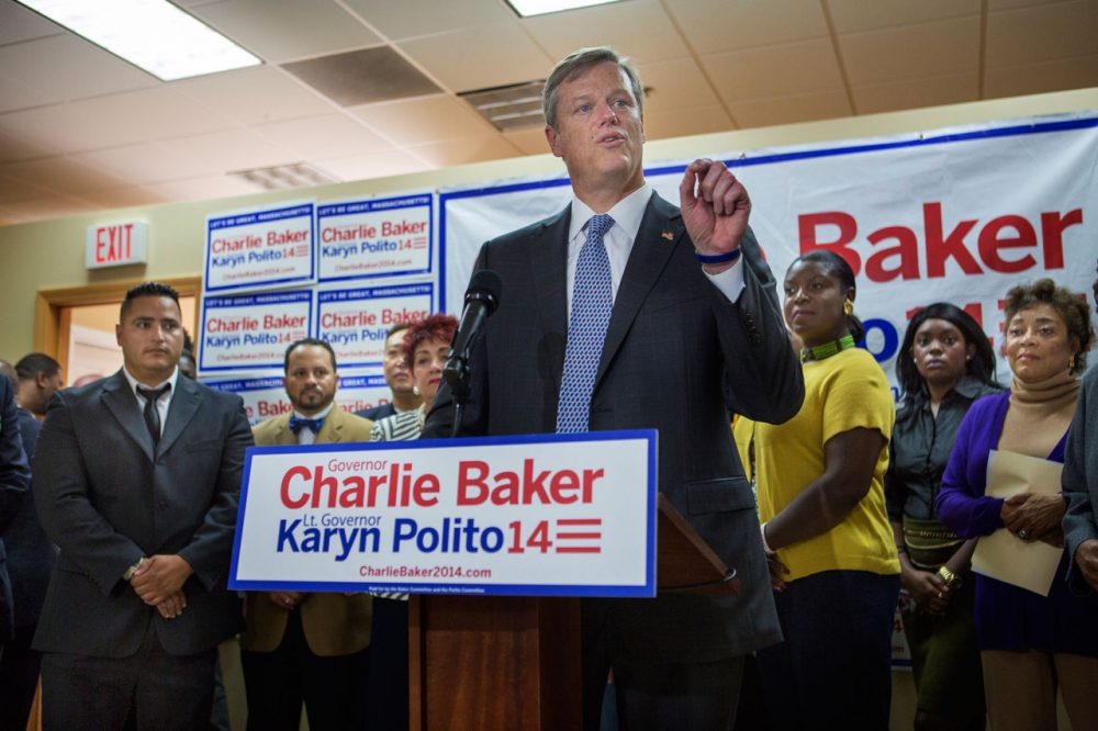 Republican governor's candidate Charlie Baker announces his urban agenda at his headquarters in Roxbury on Oct. 15. (Jesse Costa/WBUR)