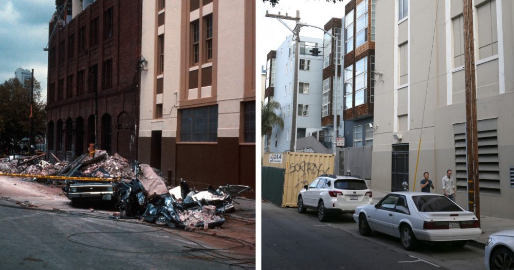 In this before-and-after composite image, (Left) Cars are seen covered in bricks from a falling building facade following the Loma Prieta earthquake on October 17, 1989 in San Francisco, California. (C.E. Meyer/U.S. Geological Survey Photographic Library via Getty Images) 
