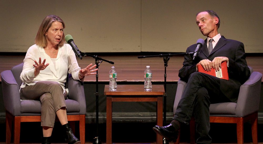 Jill Abramson: &quot;I felt that I had devoted my career to telling the truth, and the truth was that I was fired, so it just seemed -- what else? I wasn't going to -- my kids are 31 and 29. I wasn't going to say, 'I've decided to step down to spend more time with my family.'&quot; Pictured: Jill Abramson and David Carr at Boston University's Tsai Performance Center, October 20, 2014. (Robin Lubbock/WBUR)